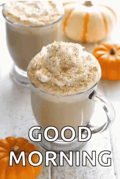 Two Cups Of Coffee With Whipped Cream And The Words " Good Morning " Below Them GIF