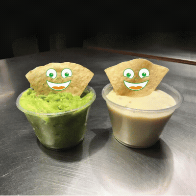 Two Cups Of Guacamole And Queso With Smiley Faces GIF