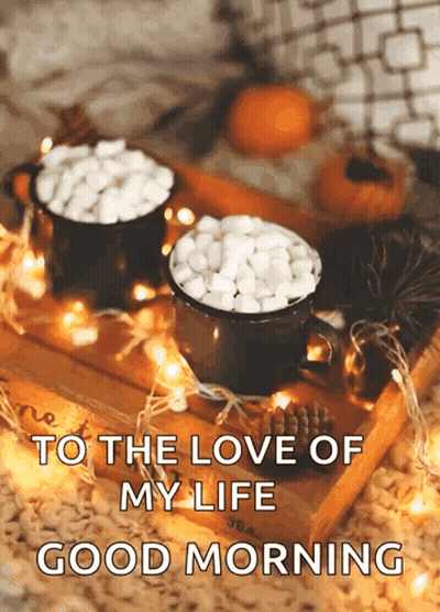 Two Cups Of Hot Chocolate With Marshmallows On A Wooden Tray With A Good Morning Message GIF