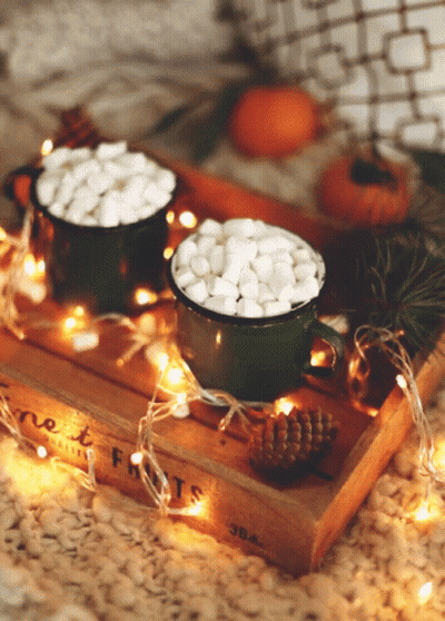 Two Cups Of Hot Chocolate With Marshmallows On Wooden Tray Saying Sweet Fruits GIF
