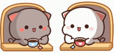 Two Cute Cartoon Cats Are Sitting Next To Each Other Holding Cups Of Coffee . GIF