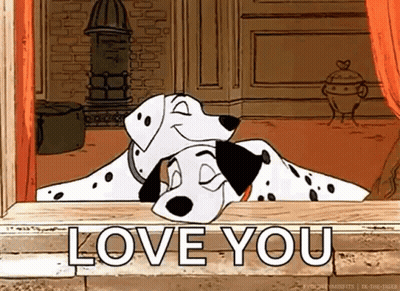 Two Dalmatian Dogs Are Laying Next To Each Other In Front Of A Window And The Words `` I Love You '' . GIF