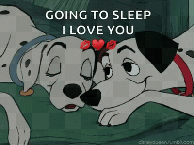 Two Dalmatian Dogs Laying Next To Each Other With The Words Going To Sleep I Love You On The Bottom GIF