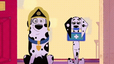 Two Dalmatian Dogs Standing Next To Each Other GIF