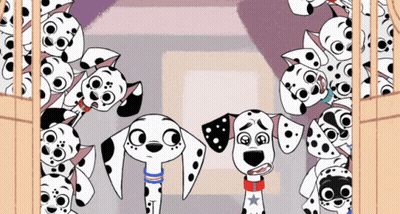 Two Dalmatian Dogs Standing With Puppies GIF