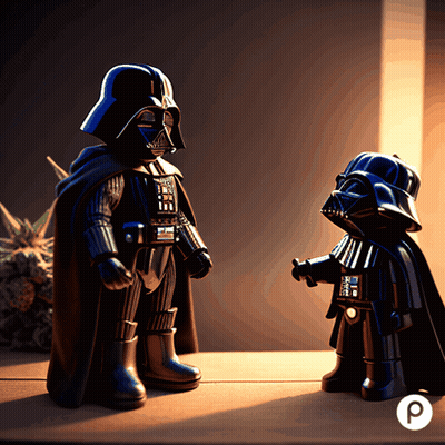 Two Darth Vader Figurines On A Wooden Table GIF