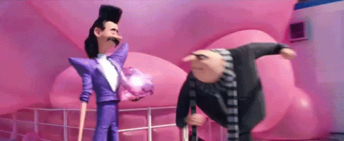 Two Despicable Me Characters Are Standing Next To Each Other In Front Of A Pink Wall . GIF