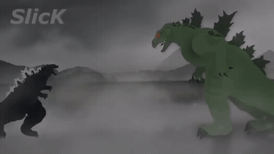 Two Dinosaurs Are Standing Next To Each Other And The Word Slick Is On The Bottom Right GIF