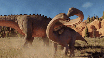 Two Dinosaurs Standing In A Field GIF