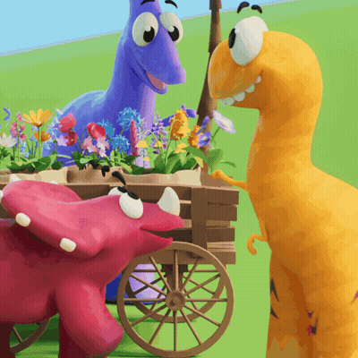 Two Dinosaurs Standing Next To Flower Cart GIF