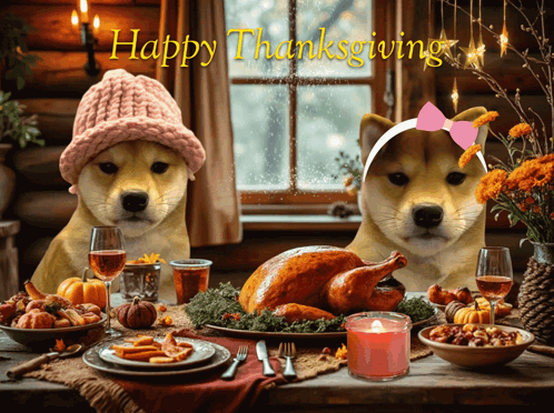 Two Dogs Are Sitting At A Table With A Turkey And A Candle And The Words Happy Thanksgiving Written Above Them GIF