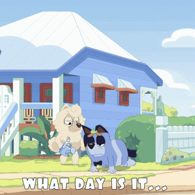 Two Dogs In Front Of Blue House Saying What Day Is It GIF
