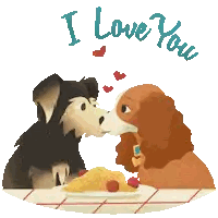 Two Dogs Kissing Over A Plate Of Food With The Words I Love You Above Them Sticker