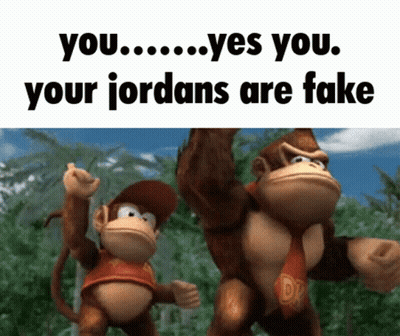 Two Donkey Kong Monkeys Are Standing Next To Each Other With The Words " You Yes You Your Jordans Are Fake " On The Bott GIF