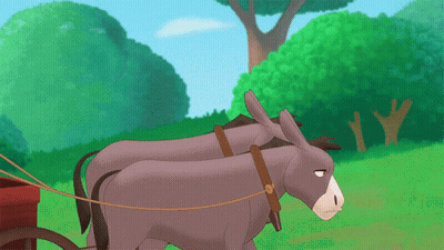 Two Donkeys Pulling Cart In Cartoon Scene GIF
