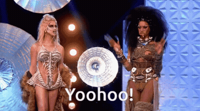 Two Drag Queens On Stage With Yoohoo GIF