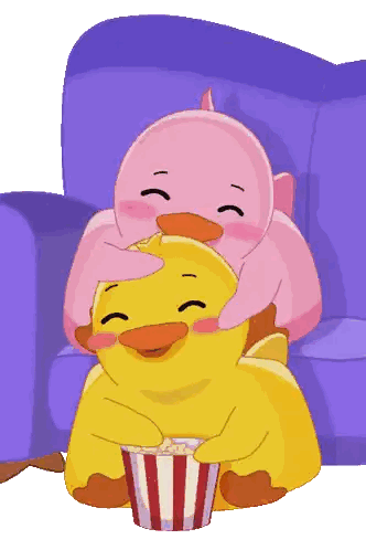 Two Ducks Sitting On Couch With Popcorn Sticker