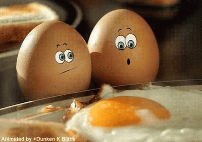 Two Eggs With Faces Next To Plate Of Eggs GIF