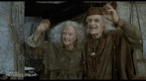 Two Elderly People Standing Next To Each Other With The Words " Think It 'Ll Work " In Yellow GIF