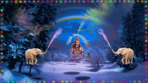 Two Elephants Are Standing In Front Of A Statue Of Shiva In A Snowy Forest GIF