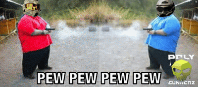 Two Fat Men Holding Guns In Front Of Poly Gunnerz Sign GIF