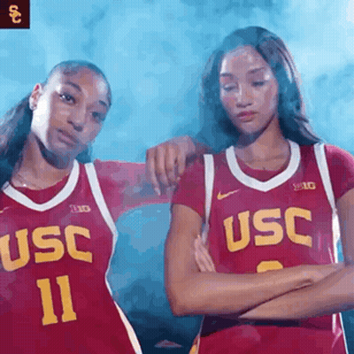 Two Female Basketball Players In USC Red Jerseys GIF