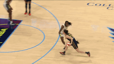 Two Female Basketball Players On A Court With A Wnba Logo In The Background GIF