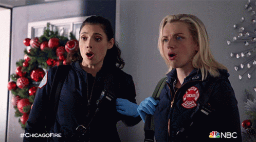 Two Female Firefighters With Mouths Open And #Chicagofire GIF