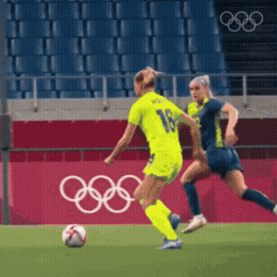 Two Female Soccer Players Playing With Olympic Rings GIF