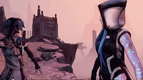 Two Female Video Game Characters Are Standing Next To Each Other And One Has The Word Hope Written On Her Chest GIF