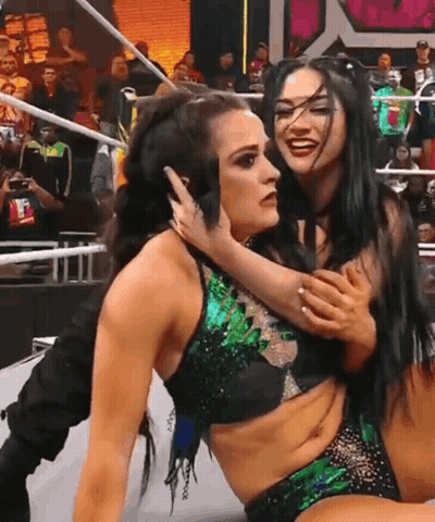 Two Female Wrestlers Are Hugging Each Other In A Wrestling Ring In Front Of A Crowd . GIF