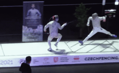 Two Fencers Are Fighting On A Fence That Says Czech Fencers On It GIF
