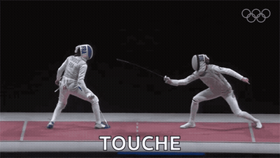 Two Fencers Are Fighting With The Word Touche In The Corner GIF