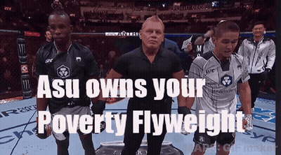 Two Fighters Are Walking Towards A Referee With The Words Asu Owns Your Poverty Flyweight On The Bottom GIF