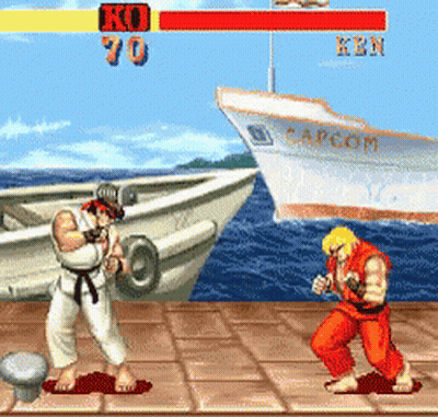 Two Fighters Battling In Video Game With Capcom Ship GIF