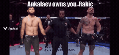 Two Fighters Standing Next To Each Other With The Words " Ankalaev Owns You Rakic " On The Bottom GIF