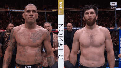Two Fighters Standing Next To Each Other With Ufc Written On The Bottom Right GIF