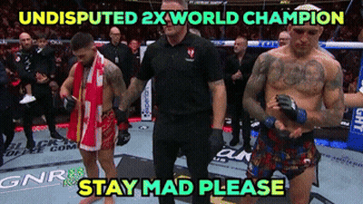 Two Fighters Standing Undisputed 2X World Champion Stay Mad Please GIF