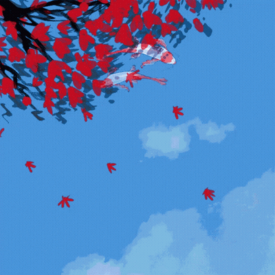 Two Fish Are Swimming Under A Tree With Red Leaves On It GIF