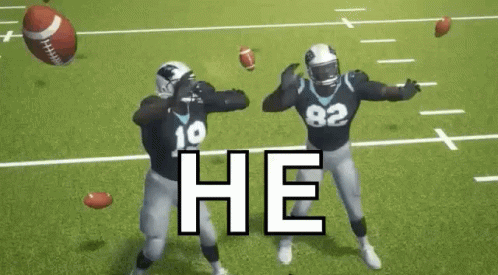 Two Football Players Are Dancing On A Field With A Football In The Background . GIF