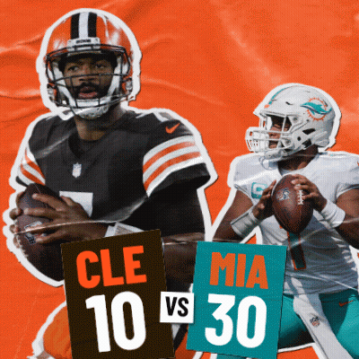 Two Football Players Are Holding A Ball And A Sign That Says Cle 10 Vs 30 GIF
