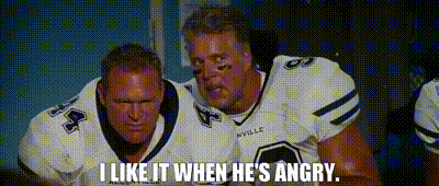 Two Football Players Are Sitting Next To Each Other And One Of Them Says I Like It When He 'S Angry .. GIF