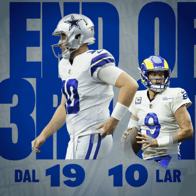 Two Football Players Are Standing Next To Each Other With The Words End Of Dal 19 10 Lar Behind Them GIF