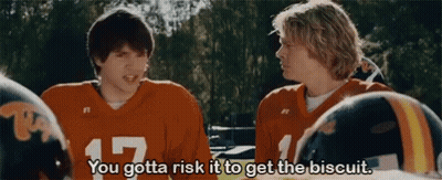 Two Football Players Are Talking To Each Other And One Of Them Says You Gotta Risk It To Get The Biscuit GIF