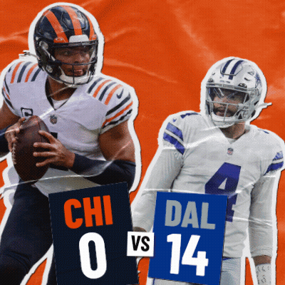 Two Football Players Holding Signs That Say Chi And Dal GIF