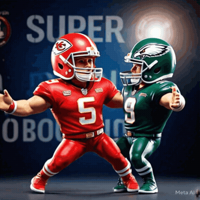 Two Football Players In Front Of Super Bowl Sign GIF