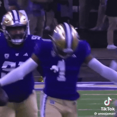 Two Football Players In Purple Uniforms Celebrating Touchdown GIF