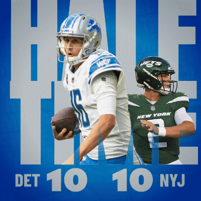 Two Football Players On A Blue Background With The Words Det 10 10 Nyj On The Bottom GIF