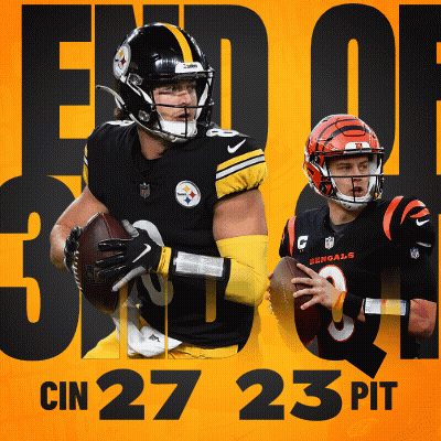 Two Football Players On A Yellow Background With The Words End Of Cin 27 23 Pit Below Them GIF
