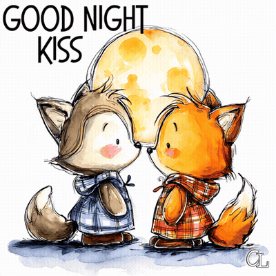 Two Foxes Kissing Under Full Moon Saying Good Night Kiss GIF
